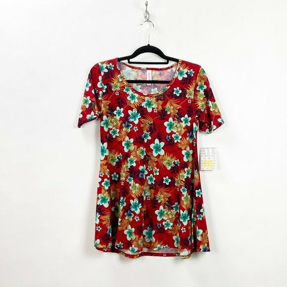 Lularoe XXS NWT Womens Unicorn Perfect T Red Flower Print Top - Picture 1 of 7